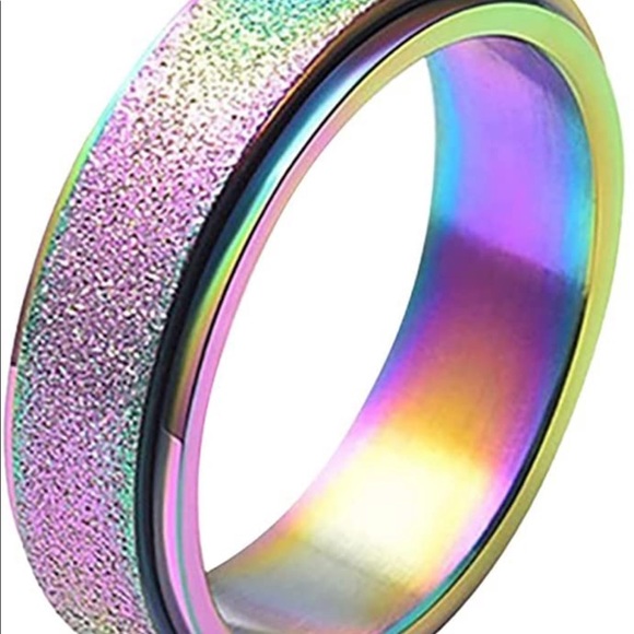 🦋3/30🦋 Fidget Spinner Ring in Rainbow glitter stainless steel - Picture 2 of 9